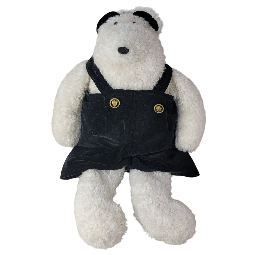 Woof & Poof Polar Bear Plush White 19" Black Velvet Overalls Gold Button Vintage
